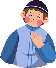 Smiling Muslim boy with hand on chest, wearing a blue outfit and black cap.