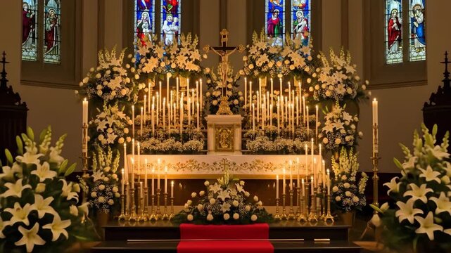 A beautiful and grand church altar is lavishly decorated with hundreds of white easter lilies and glowing candles for a solemn and holy easter vigil mass celebration