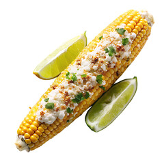 Top view of Mexican food Mexican Street Corn Elote isolated on white background ,PNG.AI Generated.