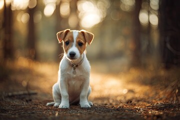 A small, tan-and-white puppy sits on a forest path, bathed in warm, golden sunlight filtering through the trees