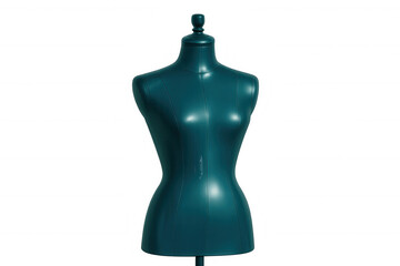 Glossy turquoise female mannequin against transparent backdrop, highlighting fashion apparel and clothing design concepts
