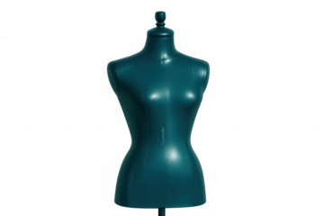 Glossy turquoise female mannequin against transparent backdrop, highlighting fashion apparel and clothing design concepts
