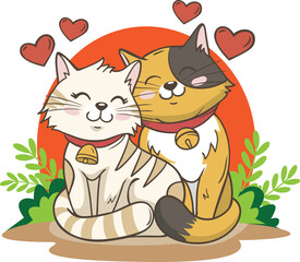 two cute adorable kitty cats mimi and neko in love snuggle in springtime, pet animal cartoon character vector drawing,