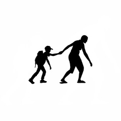 Two volunteers holding hands with street children silhouette isolated on white background