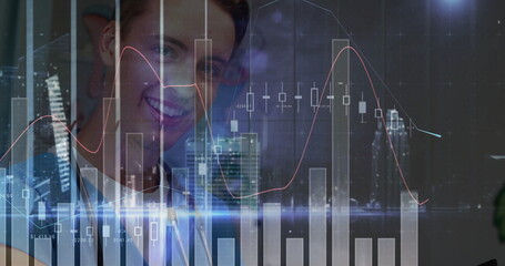Overlaying man wearing collared shirt analyzing data over night skyline, candlestick and bar graphs
