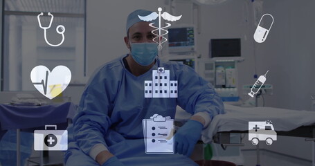 Sitting surgeon wearing scrubs, cap, gloves and mask in operating room, with floating medical icons