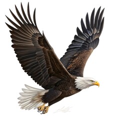 Obraz premium Bald eagle soaring with wings spread isolated on white background