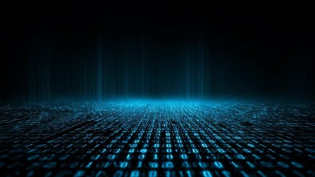 Binary code glowing blue grid in futuristic digital cyberspace