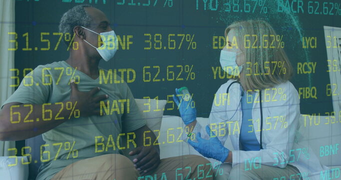 Preparing senior doctor wearing gloves holding syringe and vial in exam room, with floating tickers