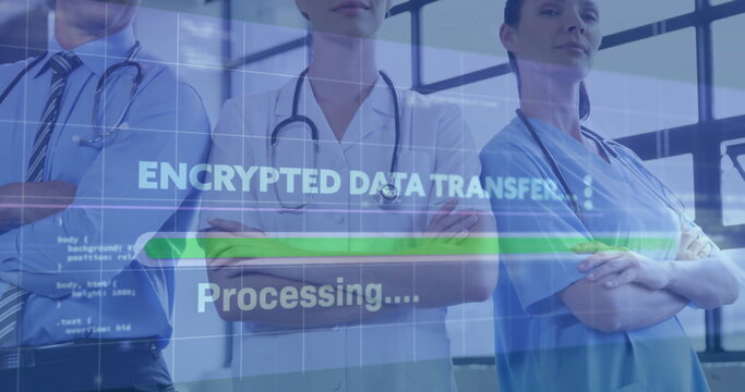 Staff with stethoscopes viewing encrypted data transfer panel in clinic, showing green progress bar