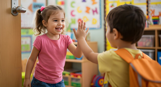 Happy children greeting each other in colorful classroom - Powered by Adobe