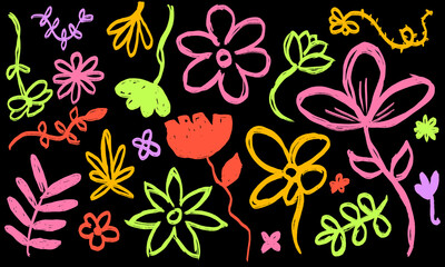 Set of colorful neon flower doodles on a black background. Vibrant hand drawn floral elements in a bright, chalk or crayon texture style for fun, retro-themed designs.