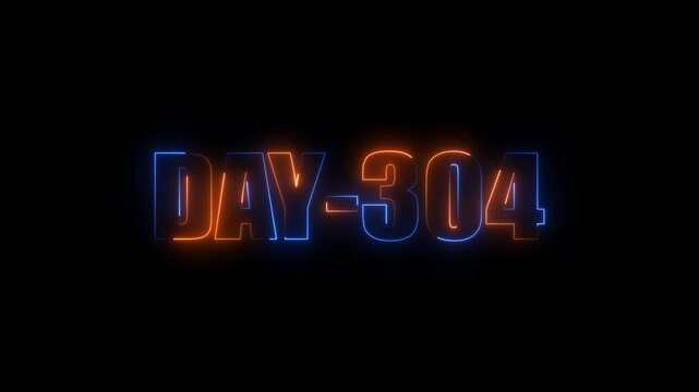 Neon text day-304 animation on black background.calender, text,number, days, date, countdown neon text concept.