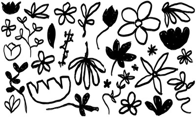 Fototapeta premium Collection of monochrome botanical sketches. Hand drawn floral and leaf elements in a simple, artistic doodle style. Isolated vector graphics for nature-themed designs.