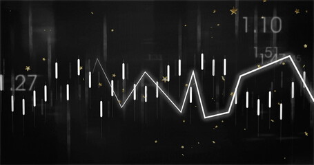Fototapeta premium Displaying white zigzag trend line on dark dashboard with candlestick bars, figures and gold stars