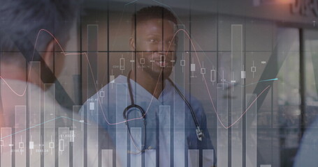 Doctor in scrubs with stethoscope assessing masked patient in medical corridor, with data overlay