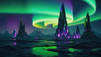 Towering luminous crystal under swirling green aurora in dark cosmic sky, surreal fantasy atmosphere 4K video - Powered by Adobe