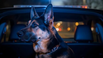 An alert and loyal german shepherd k 9 police dog sits in the back of a patrol car at night ready for duty with the emergency lights flashing