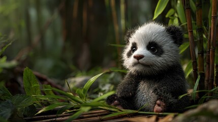 Fototapeta premium Cute baby panda sitting among lush green bamboo in a serene forest setting during the afternoon light