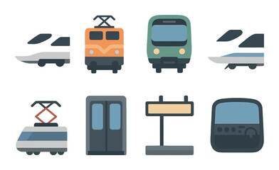 Stylized train icons set featuring various train types and transportation symbols
