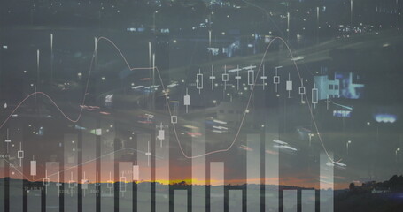 Displaying digital stock chart overlay at urban dusk with candlestick and histogram, light trails