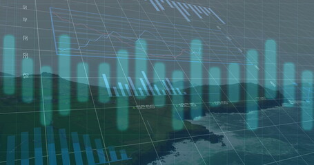 Glowing holographic bar charts over rocky shoreline, showing grid lines, line graph and axis labels