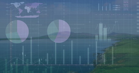 Projecting data dashboard overlay on coastal shoreline, showing charts, world map, grids and panels