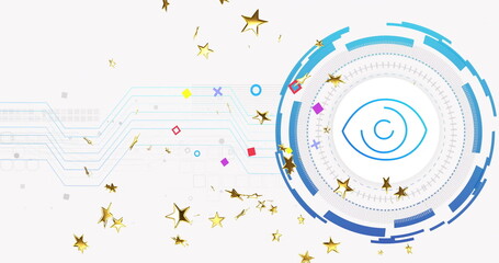 Fototapeta premium Showing interface holding blue eye icon on right canvas, with gold stars, circuit lines, copy space