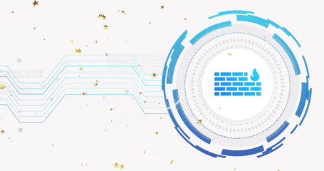 Fototapeta premium Wyświetlanie okrągłej grafiki zapory sieciowej obracającej się na cyfrowym interfejsie użytkownika, z pierścieniami i złotymi gwiazdami, z miejscem na tekst