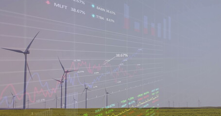 Financial overlay covering wind turbines in grassland plain, with line charts and ticker symbols