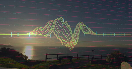 Obraz premium Multicolored waveform overlaying lakeshore at sunset, with bench lamppost grid lines axis labels