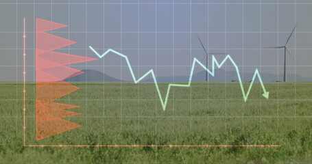 Standing wind turbines in crop field, grid overlay, turquoise line graph, red fan chart, copy space