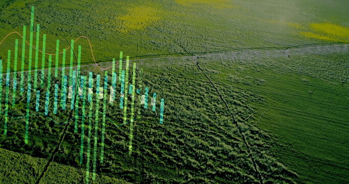 Farmland showing crop rows and tracks from above, with green-blue charts, orange line overlay