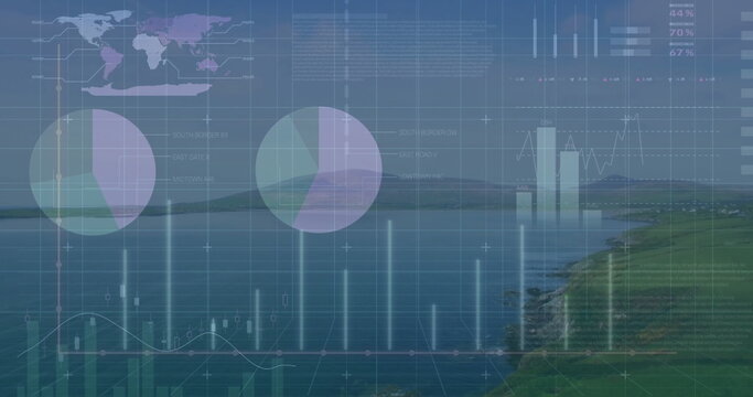 Projecting data dashboard overlay on coastal shoreline, showing charts, world map, grids and panels