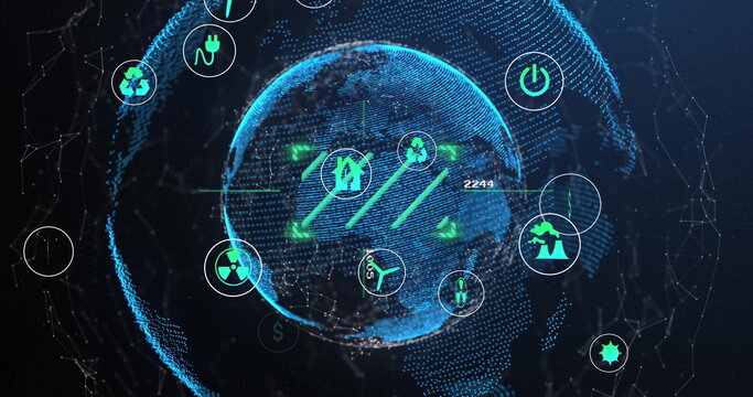 Rotating glowing digital globe in cyberspace, with grid lines arrows and energy icons