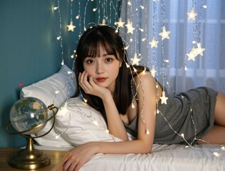 Young woman relaxing on bed with starry string lights