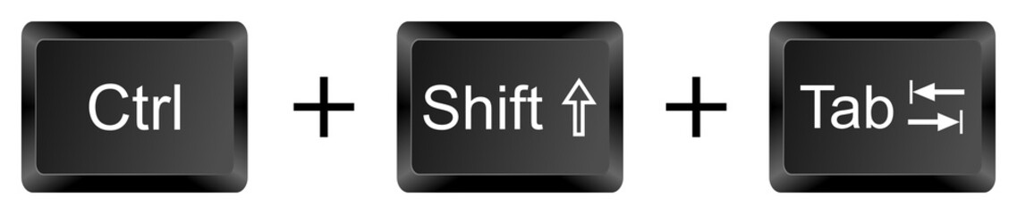 Ctrl + Shift + Tab shortcut key symbol for computer keyboard, representing navigation through browser or software tabs, black button icon design for interface, productivity, and UI applications.