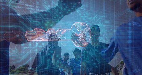 Displaying digital key hovering above baseball team in jerseys huddling on infield, with circuitry