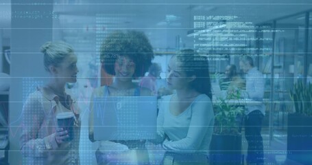 Three women reviewing laptop in business hub opening digital dashboard and revealing data overlays - Powered by Adobe