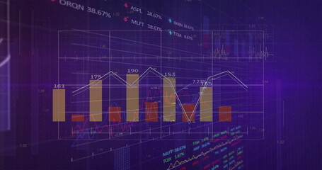 Naklejka premium Dashboard displaying yellow bars and white line graph in purple backdrop, with stock tickers