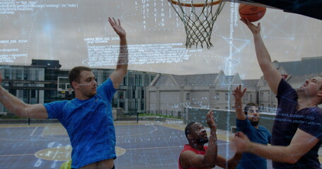 Leaping dark grey shirt player attempting layup at outdoor residential court, with code overlay