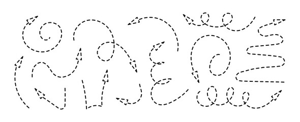Squiggly dotted arrow doodle set. Hand drawn black vector line fun playful bounce icons, jump thick motion design elements. Movement symbol by pen, pencil or marker
