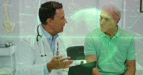 Consulting white coat doctor advising patient in exam room, with stethoscope laptop and medicine