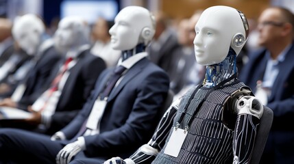Fototapeta premium Robots in a conference setting with human attendees