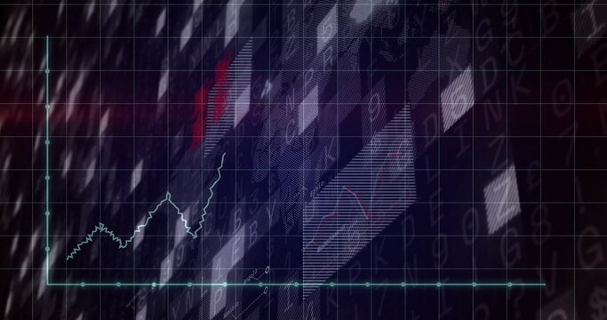 Displaying turquoise line graph moving over grid axes on digital dashboard, overlapping data panels