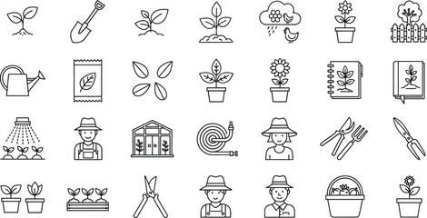 Gardening tools and plants vector icon set outline design style