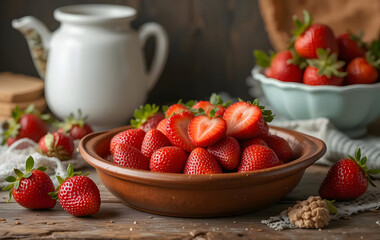 Strawberry natural healthy nutrition organic food in rustic clay dish on vintage kitchen background. Vegetarian, full of vitamin dessert. Dark food photo, rustic style, natural light