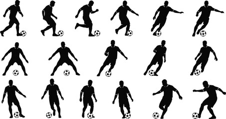 Silhouettes of soccer players in dynamic poses with ball interaction, vector design for sports training, motion study, and artwork