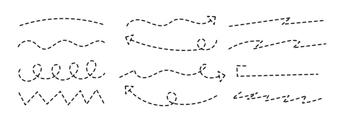 Obraz premium Squiggly dotted arrow doodle set. Hand drawn black vector line fun playful bounce icons, jump thick motion design elements. Movement symbol by pen, pencil or marker