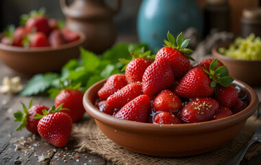Strawberry natural healthy nutrition organic food in rustic clay dish on vintage kitchen background. Vegetarian, full of vitamin dessert. Dark food photo, rustic style, natural light